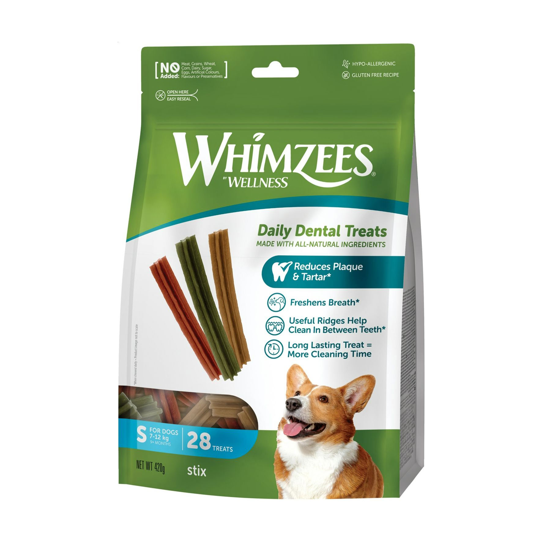 Ласощі для собак Whimzees Stix Daily Dental Treats розміром S (7-12 кг), від 9 місяців, у формі паличок, 28 шт